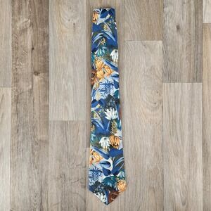 Vintage Jaeger Men's Silk Tie Blue Green Floral Lion Print Made in Great Britain